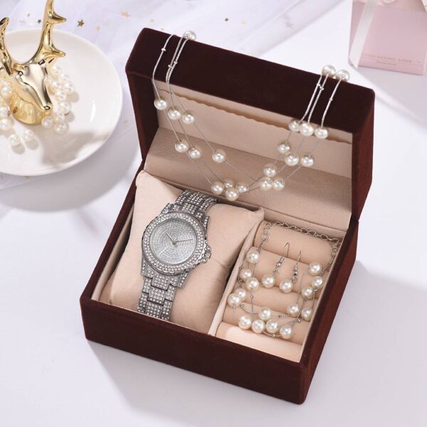 Diamond Watch with Pearl Bracelet, Earring and Necklace