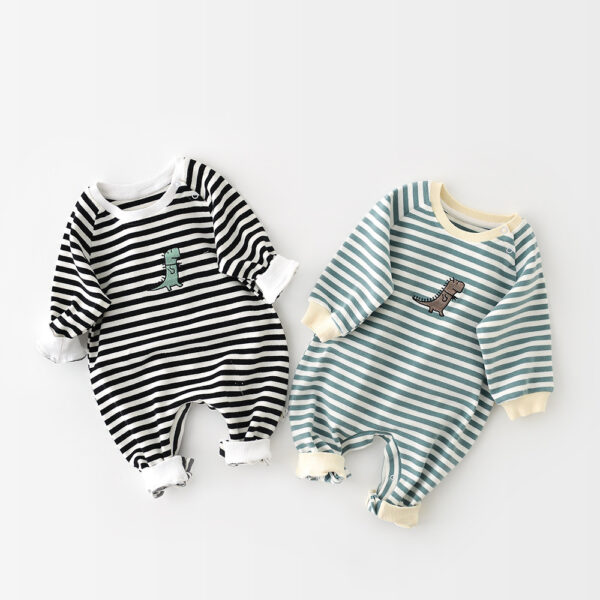 Striped Dinosaur Embroidery Long-Sleeved Jumpsuit