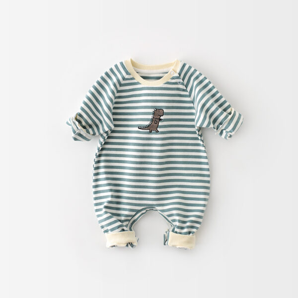Striped Dinosaur Embroidery Long-Sleeved Jumpsuit - Image 4