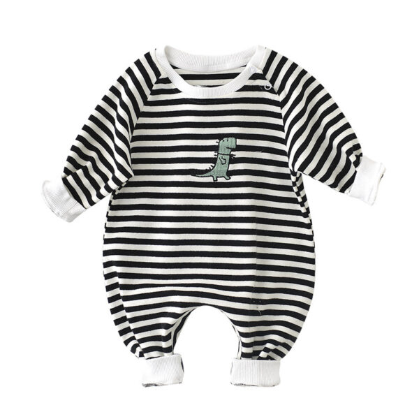 Striped Dinosaur Embroidery Long-Sleeved Jumpsuit - Image 5