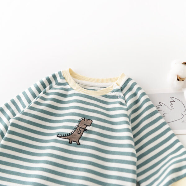 Striped Dinosaur Embroidery Long-Sleeved Jumpsuit - Image 3