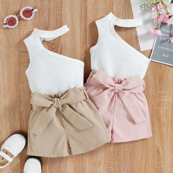 Sleeveless Slanted Shoulder Bow suit